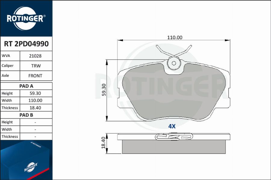 Rotinger RT 2PD04990 - Brake Pad Set, disc brake autospares.lv