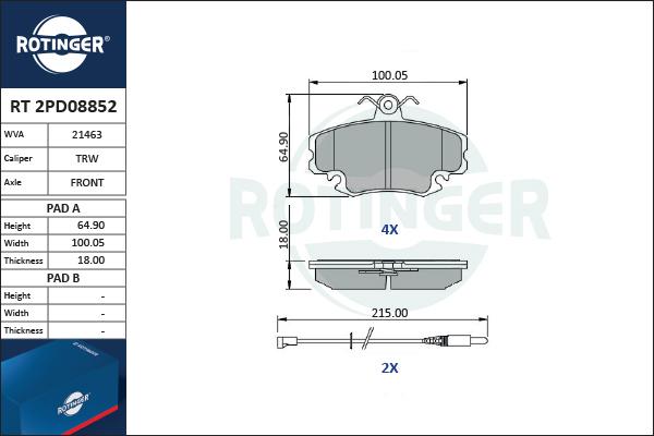 Rotinger RT 2PD08852 - Brake Pad Set, disc brake autospares.lv