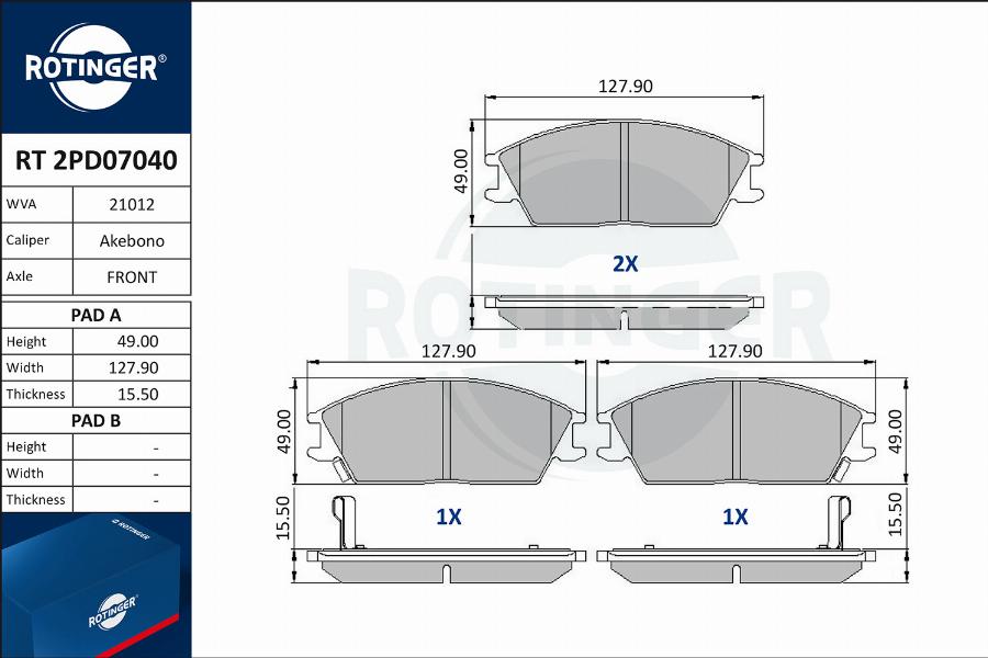 Rotinger RT 2PD07040 - Brake Pad Set, disc brake autospares.lv