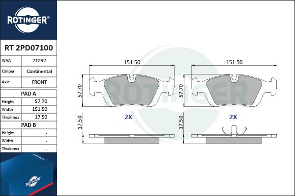 Rotinger RT 2PD07100 - Brake Pad Set, disc brake autospares.lv