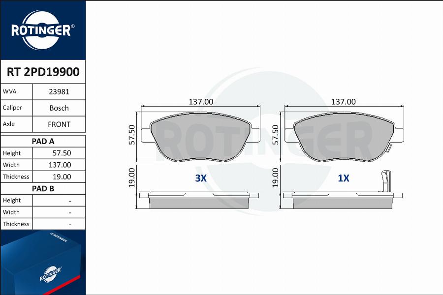 Rotinger RT 2PD19900 - Brake Pad Set, disc brake autospares.lv