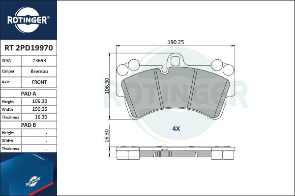 Rotinger RT 2PD19970 - Brake Pad Set, disc brake autospares.lv