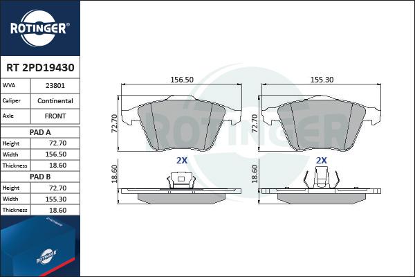 Rotinger RT 2PD19430 - Brake Pad Set, disc brake autospares.lv