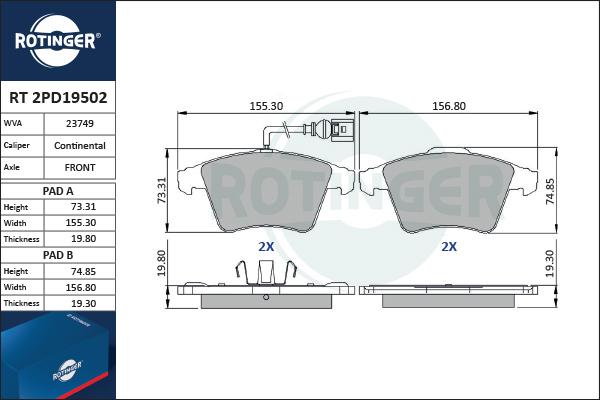 Rotinger RT 2PD19502 - Brake Pad Set, disc brake autospares.lv