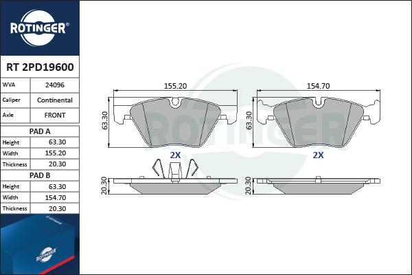 Rotinger RT 2PD19600 - Brake Pad Set, disc brake autospares.lv