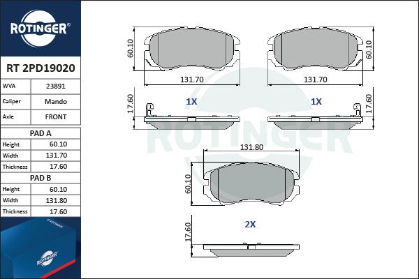 Rotinger RT 2PD19020 - Brake Pad Set, disc brake autospares.lv