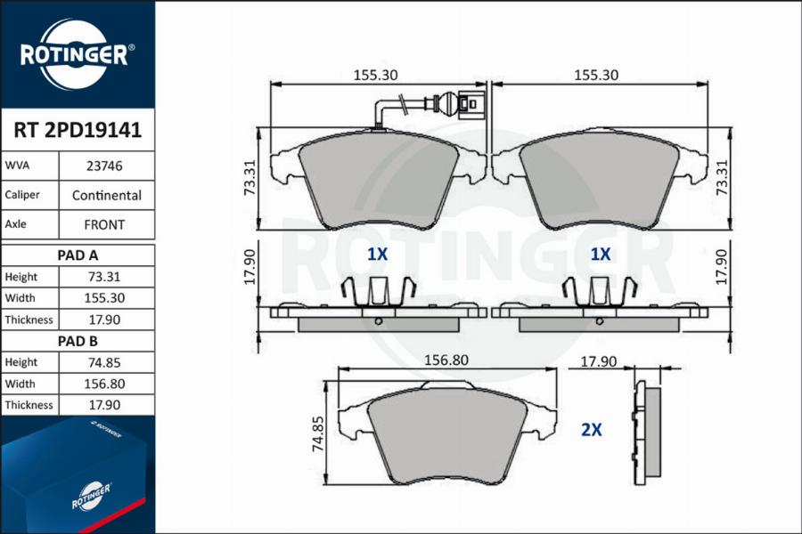 Rotinger RT 2PD19141 - Brake Pad Set, disc brake autospares.lv