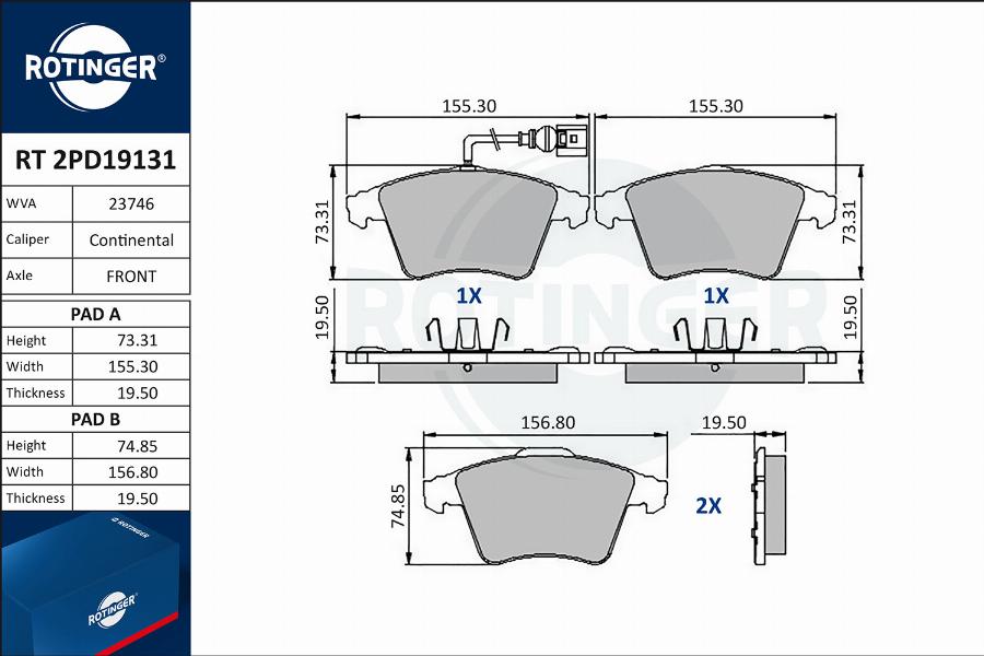 Rotinger RT 2PD19131 - Brake Pad Set, disc brake autospares.lv