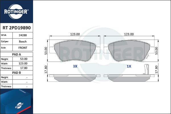 Rotinger RT 2PD19890 - Brake Pad Set, disc brake autospares.lv