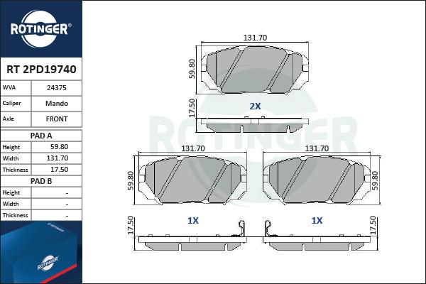 Rotinger RT 2PD19740 - Brake Pad Set, disc brake autospares.lv