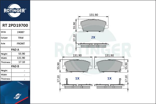 Rotinger RT 2PD19700 - Brake Pad Set, disc brake autospares.lv