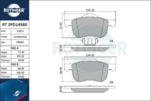 Rotinger RT 2PD14580 - Brake Pad Set, disc brake autospares.lv