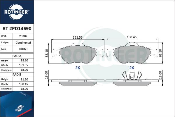 Rotinger RT 2PD14690 - Brake Pad Set, disc brake autospares.lv