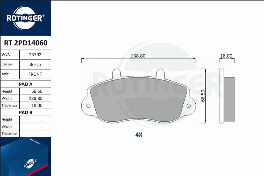 Rotinger RT 2PD14060 - Brake Pad Set, disc brake autospares.lv