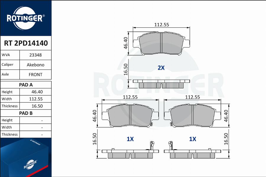 Rotinger RT 2PD14140 - Brake Pad Set, disc brake autospares.lv