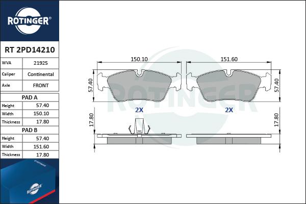 Rotinger RT 2PD14210 - Brake Pad Set, disc brake autospares.lv