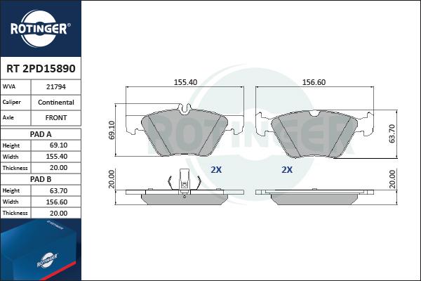 Rotinger RT 2PD15890 - Brake Pad Set, disc brake autospares.lv