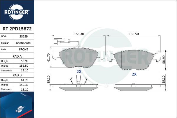 Rotinger RT 2PD15872 - Brake Pad Set, disc brake autospares.lv