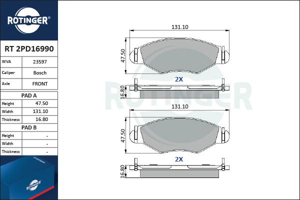 Rotinger RT 2PD16990 - Brake Pad Set, disc brake autospares.lv