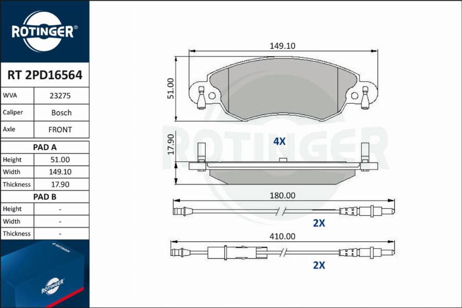 Rotinger RT 2PD16564 - Brake Pad Set, disc brake autospares.lv