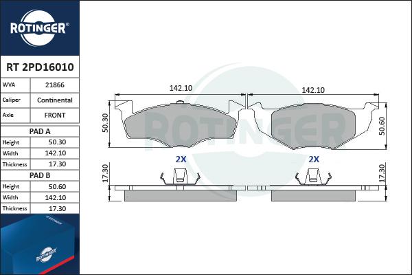 Rotinger RT 2PD16010 - Brake Pad Set, disc brake autospares.lv