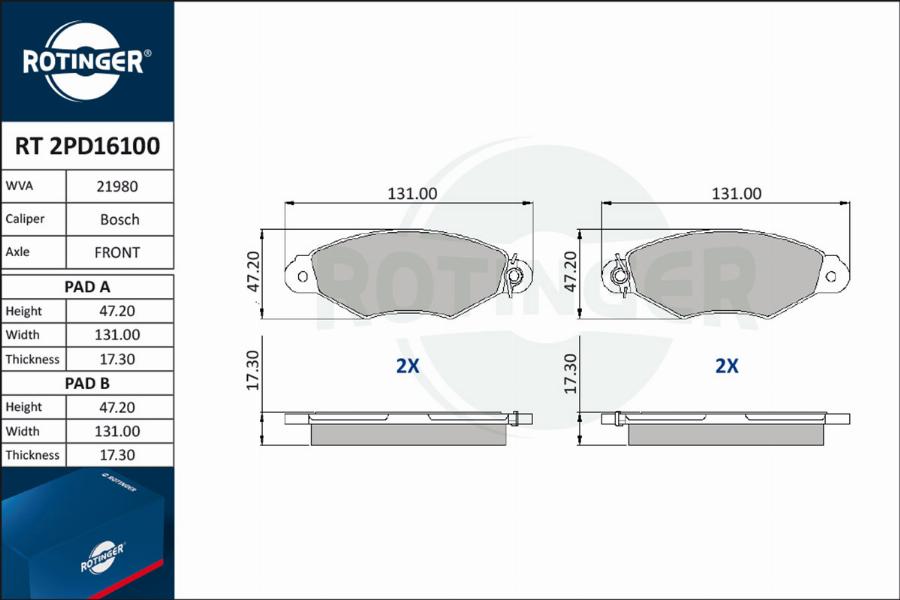 Rotinger RT 2PD16100 - Brake Pad Set, disc brake autospares.lv