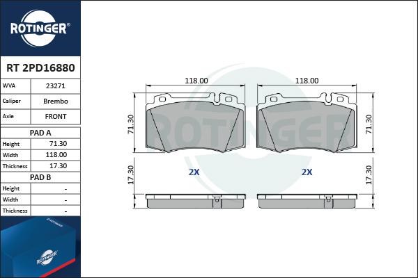 Rotinger RT 2PD16880 - Brake Pad Set, disc brake autospares.lv