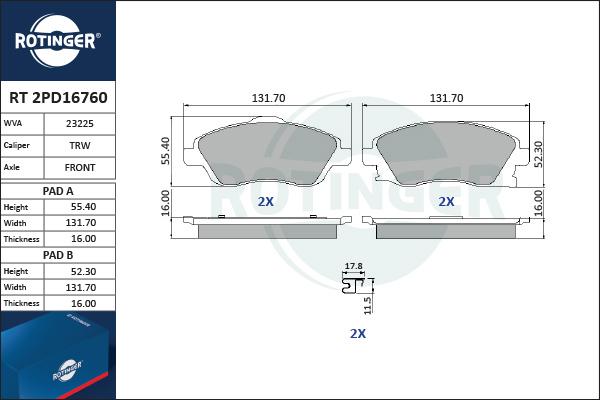 Rotinger RT 2PD16760 - Brake Pad Set, disc brake autospares.lv