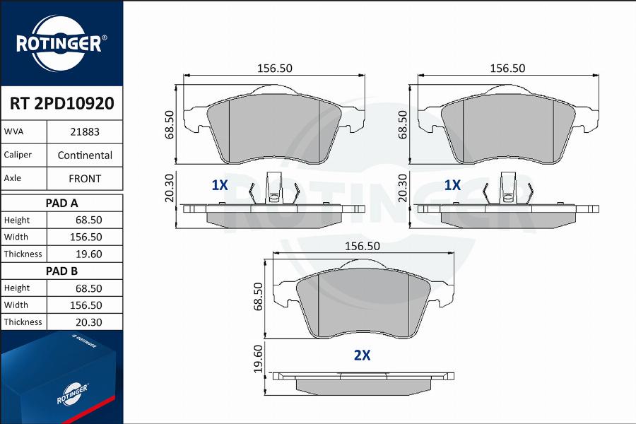 Rotinger RT 2PD10920 - Brake Pad Set, disc brake autospares.lv