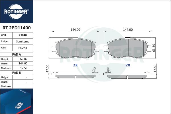 Rotinger RT 2PD11400 - Brake Pad Set, disc brake autospares.lv