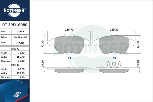 Rotinger RT 2PD18980 - Brake Pad Set, disc brake autospares.lv