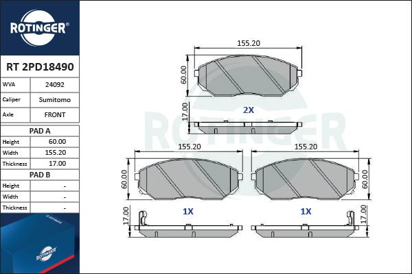 Rotinger RT 2PD18490 - Brake Pad Set, disc brake autospares.lv