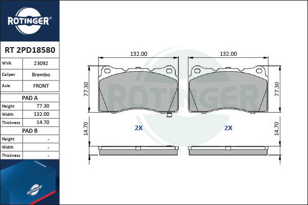 Rotinger RT 2PD18580 - Brake Pad Set, disc brake autospares.lv