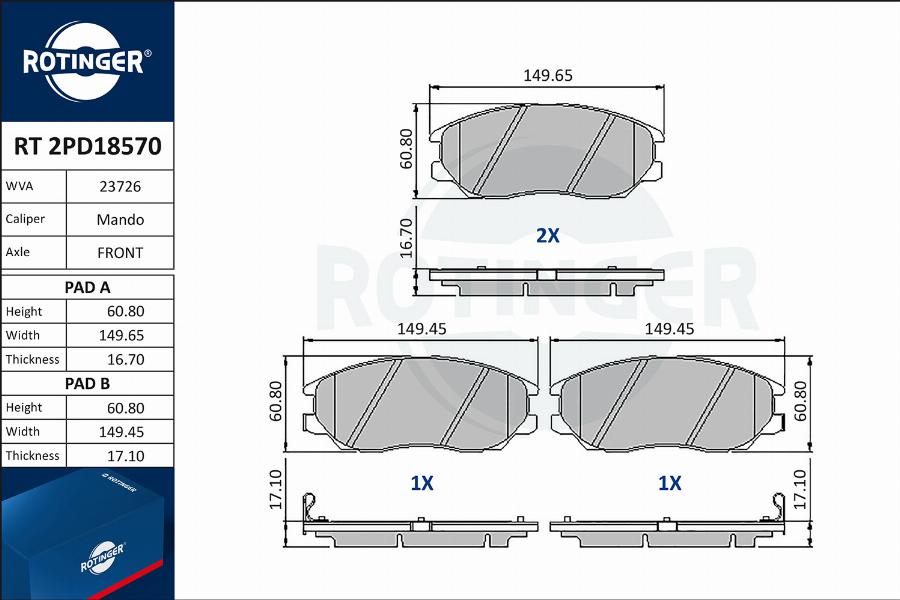 Rotinger RT 2PD18570 - Brake Pad Set, disc brake autospares.lv