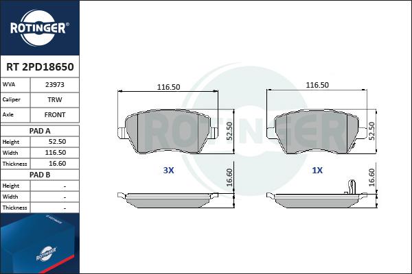 Rotinger RT 2PD18650 - Brake Pad Set, disc brake autospares.lv