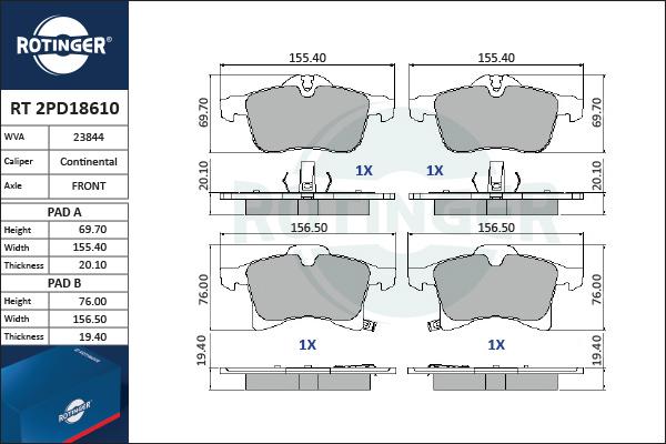 Rotinger RT 2PD18610 - Brake Pad Set, disc brake autospares.lv