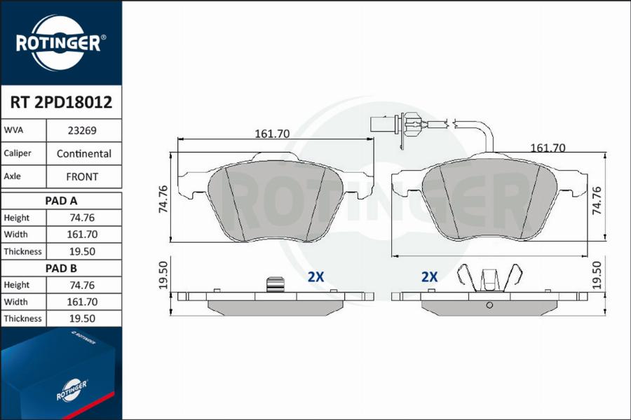 Rotinger RT 2PD18012 - Brake Pad Set, disc brake autospares.lv