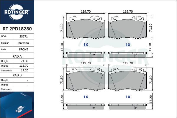 Rotinger RT 2PD18280 - Brake Pad Set, disc brake autospares.lv