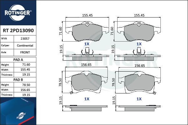 Rotinger RT 2PD13090 - Brake Pad Set, disc brake autospares.lv