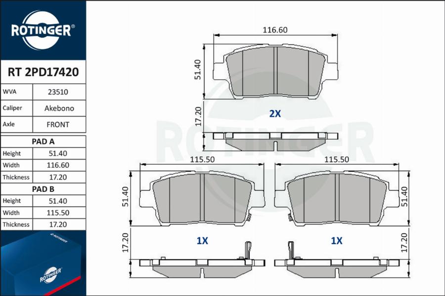 Rotinger RT 2PD17420 - Brake Pad Set, disc brake autospares.lv