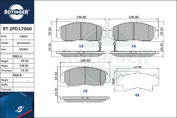 Rotinger RT 2PD17040 - Brake Pad Set, disc brake autospares.lv