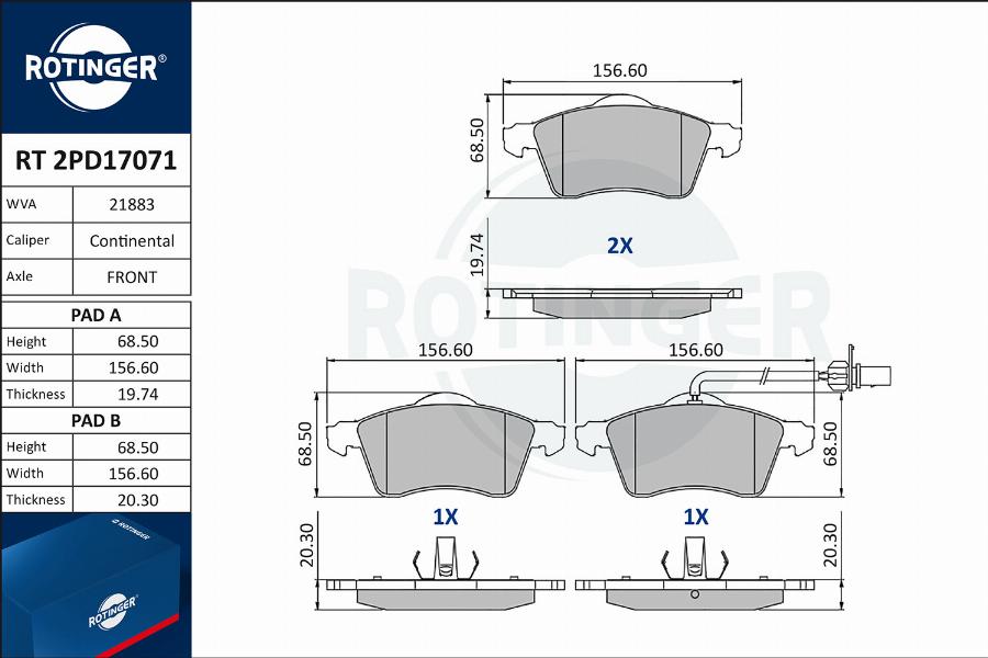 Rotinger RT 2PD17071 - Brake Pad Set, disc brake autospares.lv