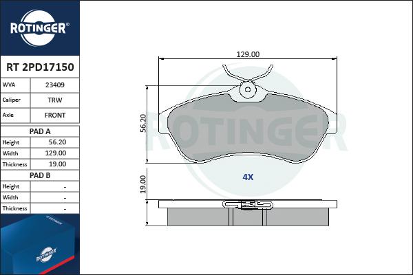 Rotinger RT 2PD17150 - Brake Pad Set, disc brake autospares.lv