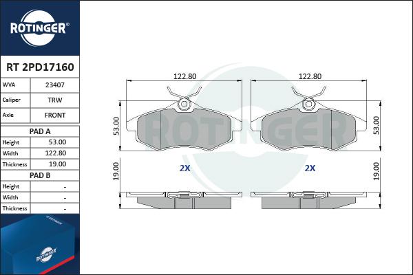 Rotinger RT 2PD17160 - Brake Pad Set, disc brake autospares.lv