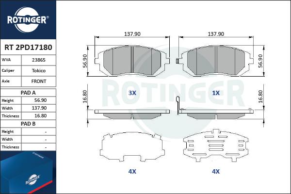 Rotinger RT 2PD17180 - Brake Pad Set, disc brake autospares.lv
