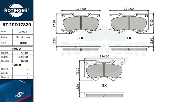 Rotinger RT 2PD17820 - Brake Pad Set, disc brake autospares.lv