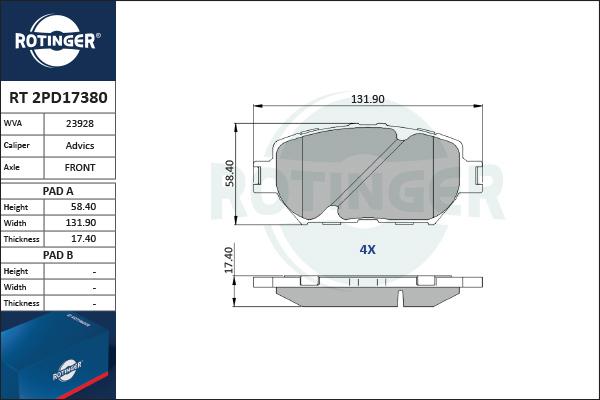 Rotinger RT 2PD17380 - Brake Pad Set, disc brake autospares.lv