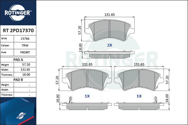 Rotinger RT 2PD17370 - Brake Pad Set, disc brake autospares.lv