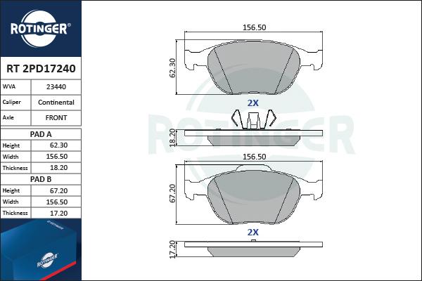 Rotinger RT 2PD17240 - Brake Pad Set, disc brake autospares.lv