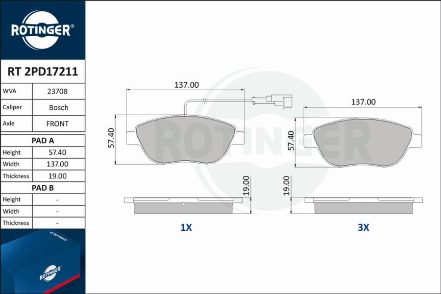 Rotinger RT 2PD17211 - Brake Pad Set, disc brake autospares.lv
